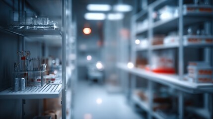 Naklejka premium A clean, organized laboratory environment showcasing shelves filled with glassware and scientific equipment.