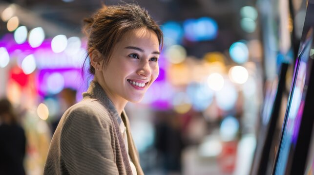 A cheerful young woman engaging with digital screens, immersed in technology at a vibrant event with bright lights.