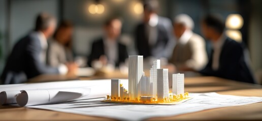 A group of business people, gathered around an architectural model on top of blueprint paper with modern buildings and office blocks.