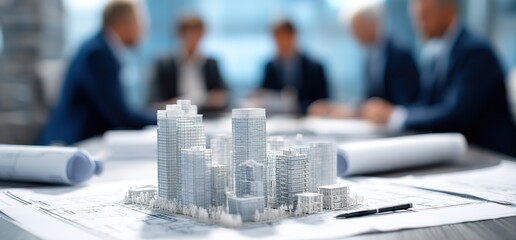 A group of business people, gathered around an architectural model on top of blueprint paper with modern buildings and office blocks.