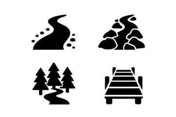 Hiking Trail Icons Set. Solid vector symbols for path types and terrain, including dirt trail, rocky route, forest path, wooden boardwalk. Outdoor navigation, nature hiking, adventure concepts.