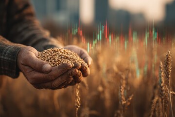 Farmer's hands hold wheat with stock market overlay
