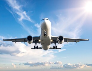 Naklejka premium Low-angle view of a large passenger jet in flight against a partly cloudy sky