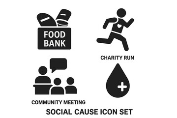 Social cause icon set. Solid filled charity and volunteering vector icons. Food bank donation, charity run, community meeting, blood donation, volunteer, event, support, isolated collection