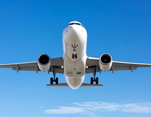 Obraz premium Low-angle view of a white passenger jet against a vibrant blue sky during takeoff or landing