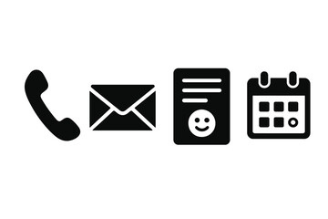 Set of solid vector icons for tutoring communication tools. Black phone, envelope, feedback form with smiley face, email, and calendar icons. Modern education business contact symbols pack.