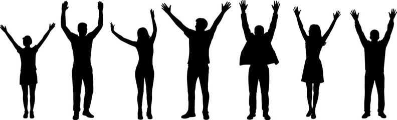 silhouette, raised arms pose, unity celebration concept, diverse human figures, black vector design, joyful gesture illustration