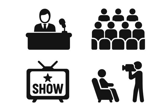 TV talk show icons set. Black silhouette symbols of talk show host at desk, studio audience seats, TV show logo sign, guest interview with cameraman, broadcast production concept vector