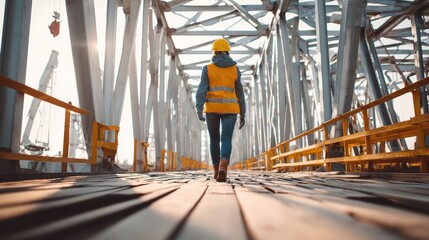 A construction worker walks across a bridge, showcasing teamwork and safety in industrial environments.