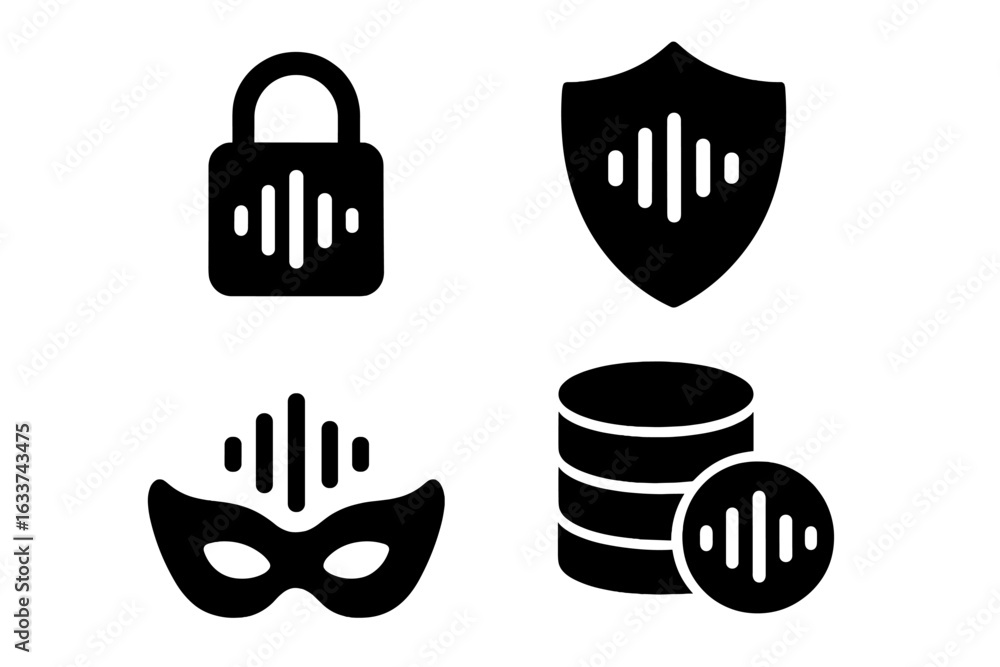 Poster voice technology security icons. solid filled vector set of voice privacy, audio data protection, se