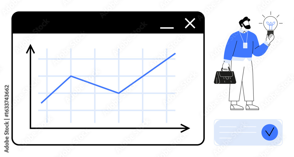 Aufkleber man holding lightbulb beside upward trend graph with data grid. ideal for analytics, innovation, str