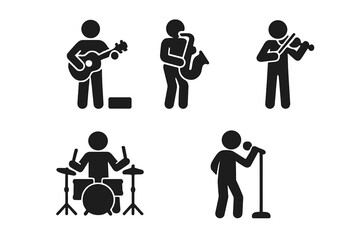 Street musician icons set. Solid vector silhouettes of guitar player, saxophonist, violinist, drummer, vocalist with microphone. Band music performance symbols for posters, events, advertising, web.