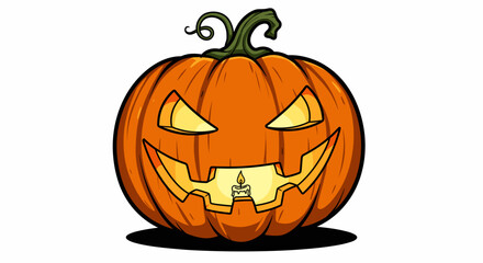 Grinning jack o’lantern with candle on white background  