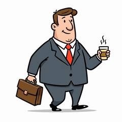 Working dad illustration of businessman walking with coffee and briefcase  