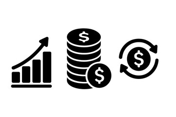 Financial Growth, Investment and Profit Icons Set. Solid Black Wealth Strategy Symbols: Rising Graph, Coin Stack, Dollar Reinvestment Arrows, Economic Success, Revenue Increase, Vector Illustration
