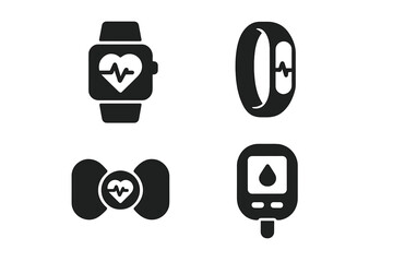 Wearable Medical Technology Icons Set. Smartwatch Heart Rate Tracker, Fitness Band Pulse Monitor, ECG Patch, Glucose Blood Sugar Tester. Modern Health Wearables Silhouette Collection Vector