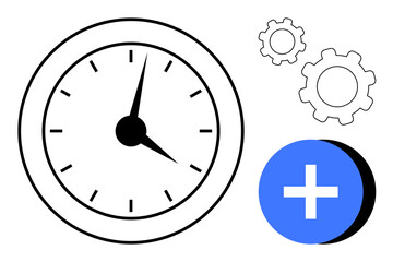 Clock face, mechanical gears, and a blue plus sign combining ideas of time optimization, task efficiency, productivity, and improvement. Ideal for business, organization, strategy workflow