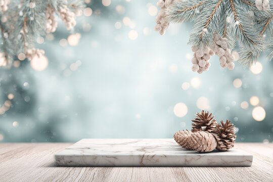 A vertically oriented mockup scene with pine branches and white-tipped pinecones framing the top.