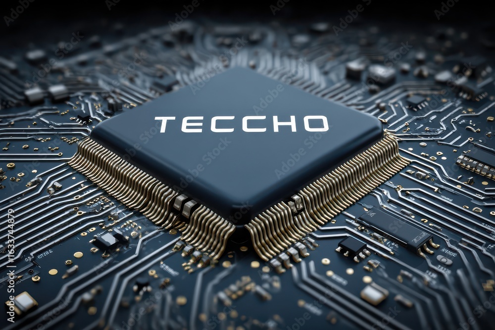 Poster close-up of a microchip on a detailed circuit board in technology theme
