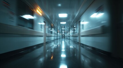 A dimly lit hospital corridor with smooth floors and vibrant lights, creating an eerie yet intriguing atmosphere.