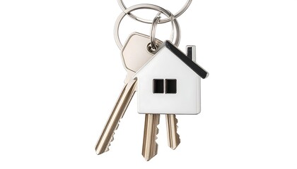 House-shaped keychain with two keys attached, against a white background