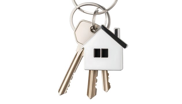House-shaped keychain with two keys attached, against a white background