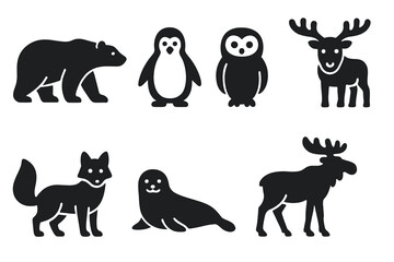 Arctic and Antarctic Winter Animal Silhouette Icon Set. Polar Bear, Penguin, Snowy Owl, Reindeer, Arctic Fox, Seal, Moose. Solid Filled Vector Illustrations, Wildlife, Fauna, Isolated on Transparent.