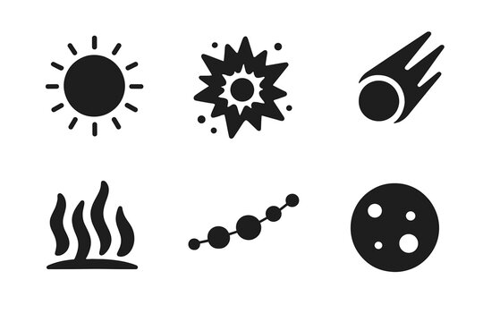 Space phenomena vector icon set. Solid filled illustrations of sun, nova, exploding star, comet, aurora borealis, planetary alignment, moon phases. Astronomy, science, cosmos symbols isolated.