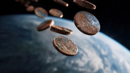 Global Inflation Forecast Concept. Coins float above Earth in a surreal, dynamic scene, symbolizing finance or digital currency concepts.