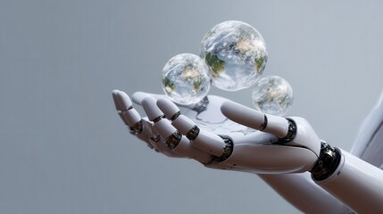 Global Inflation Forecast Concept. A robotic hand holds transparent spheres, symbolizing technology and innovation against a minimalistic background.