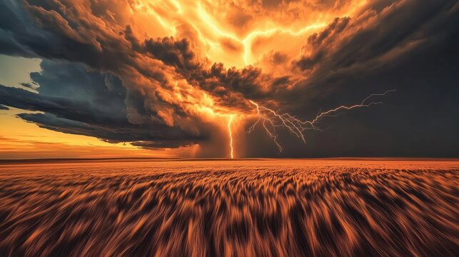Vast open plain under violent thunderstorm with lightning ripping across the sky.