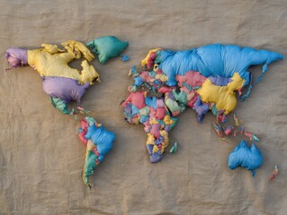 Global Inflation Forecast Concept. A colorful, artistic map of the world created with wrinkled fabric textures, representing continents in vibrant hues.