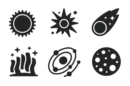 Space phenomena vector icons set. Solar eclipse, supernova explosion, comet, aurora borealis, planetary system alignment, moon phases. Astronomy, cosmic symbols in bold solid style isolated.