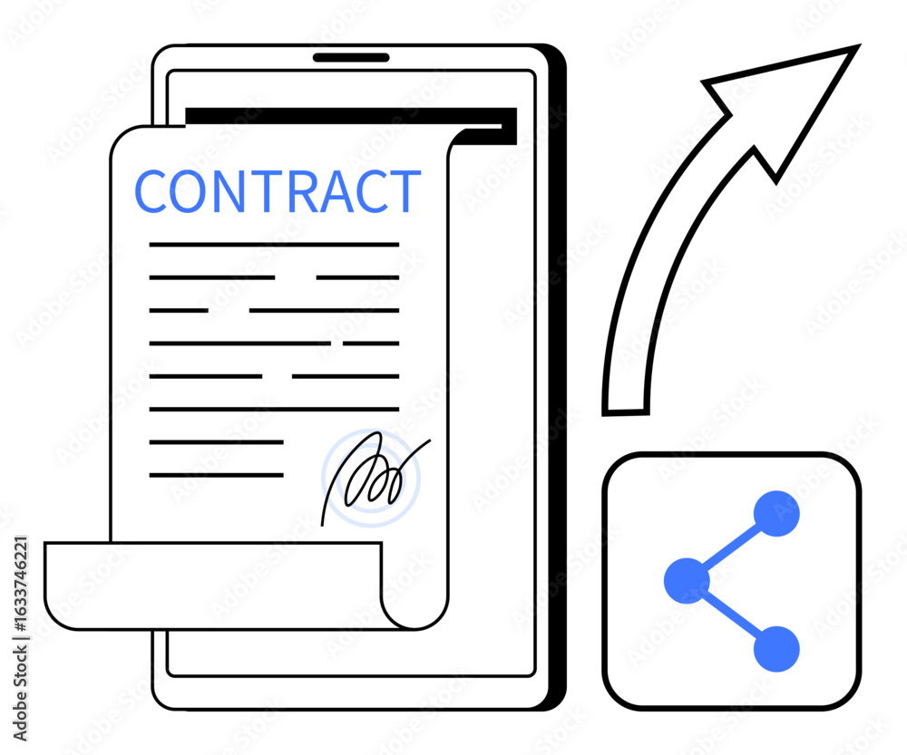 Poster tablet displaying a signed digital contract, an upward arrow representing sending or completion, and