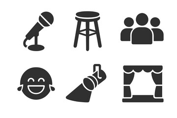 Stand Up Comedy Icon Set. Solid Filled Vector Icons of Comedy Show Essentials: Microphone, Bar Stool, Audience, Laughing Face, Spotlight, Stage. Theater Performance Elements, Entertainment, Humor