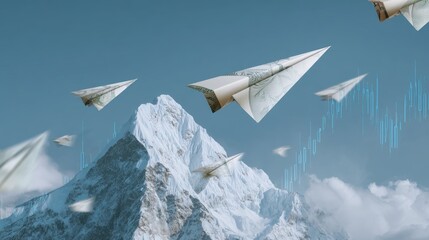 Global Inflation Forecast Concept. Paper airplanes soar over a majestic mountain landscape, blending creativity and nature in a surreal scene.