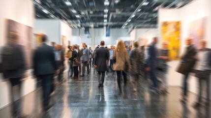 A lively art exhibition showcasing diverse artworks, drawing numerous visitors interacting and appreciating art.