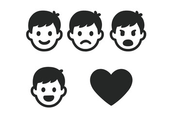 Youth Emotion Faces Icon Set. Solid Filled Vector Expressive Child Facial Expressions: Happy, Sad, Angry, Surprised, Smile, Love, Heart Symbol. Emotions, Mood, Social, Communication, Mental Health