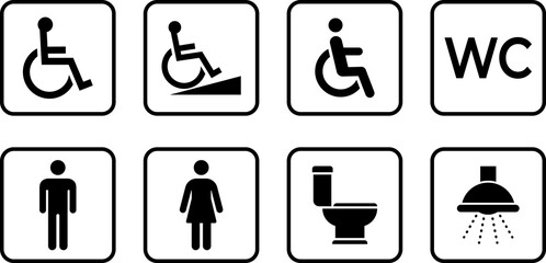 Washroom signs. Restroom or toilet door sign set gents, ladies, disabled, baby changing. WC sign. Female or male restroom. WC door plate symbol. Printable sticker.