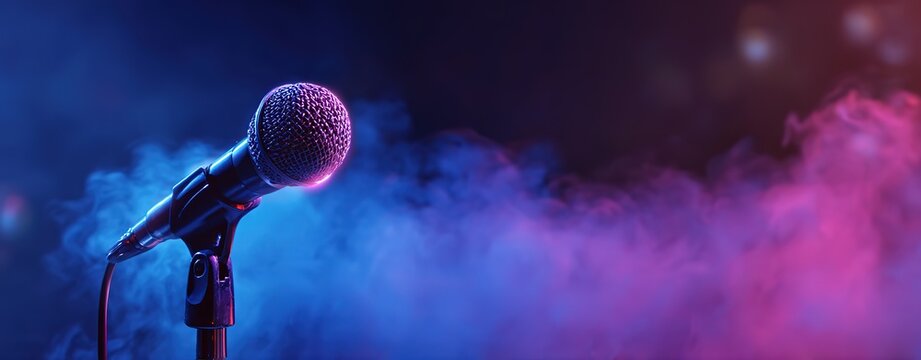 Close-up of a microphone on stage with a blue and purple neon light background.