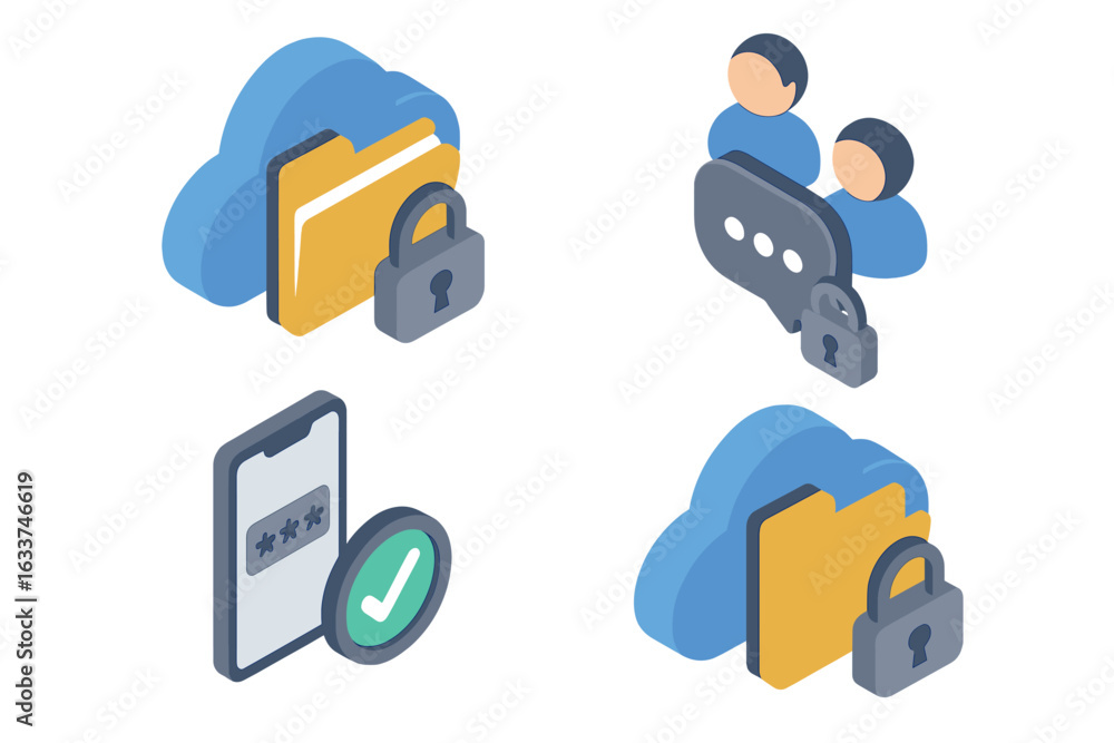 Poster secure collaboration and data protection icons. isometric vector set. cloud storage, file encryption