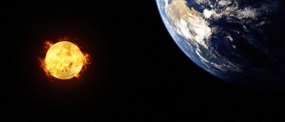 Global Inflation Forecast Concept. A vibrant sun illuminates Earth in a cosmic scene, showcasing the vastness of space with stars scattered in the background.