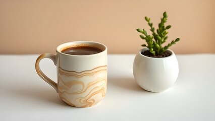 Obraz premium Coffee mug with a small plant on a white table