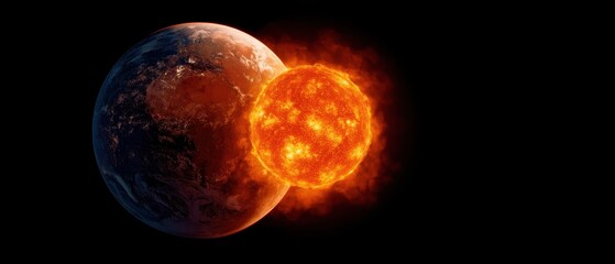 Global Inflation Forecast Concept. A fiery sun collides with a rocky planet in a dramatic cosmic scene.