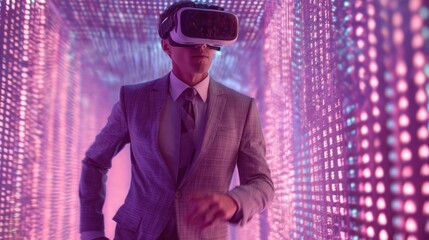 A man in a suit experiences virtual reality in a colorful, modern environment, showcasing the future of technology.