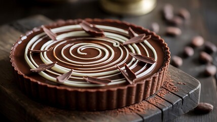 a chocolate tart with a swirl of white and brown sugar on top, sweet desert, Christmas-themed tart, created with generative ai