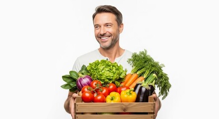 Smiling man holding a crate of fresh vegetables isolated on white background, promoting healthy eating and organic produce