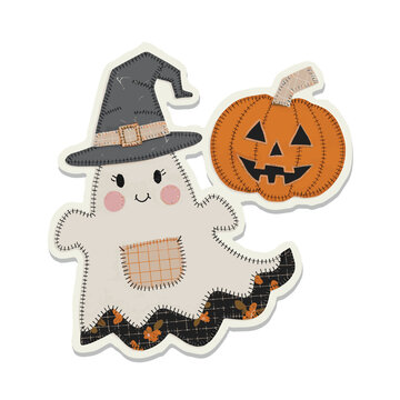 Adorable ghost wearing a witch hat holding jack-o-lantern pumpkin in Halloween patch style vector illustration design.