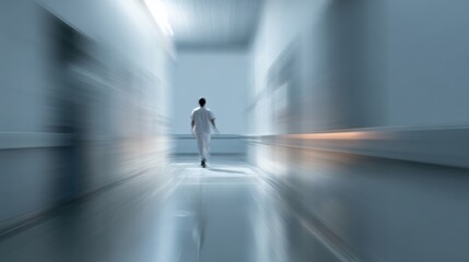 Obraz premium A medical professional walks through a hospital corridor, emphasizing urgency and motion in a serene environment.
