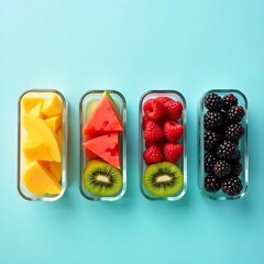 four glass containers filled with different fruits arranged in a row on a pastel blue background, healthy food concept, created with generative ai